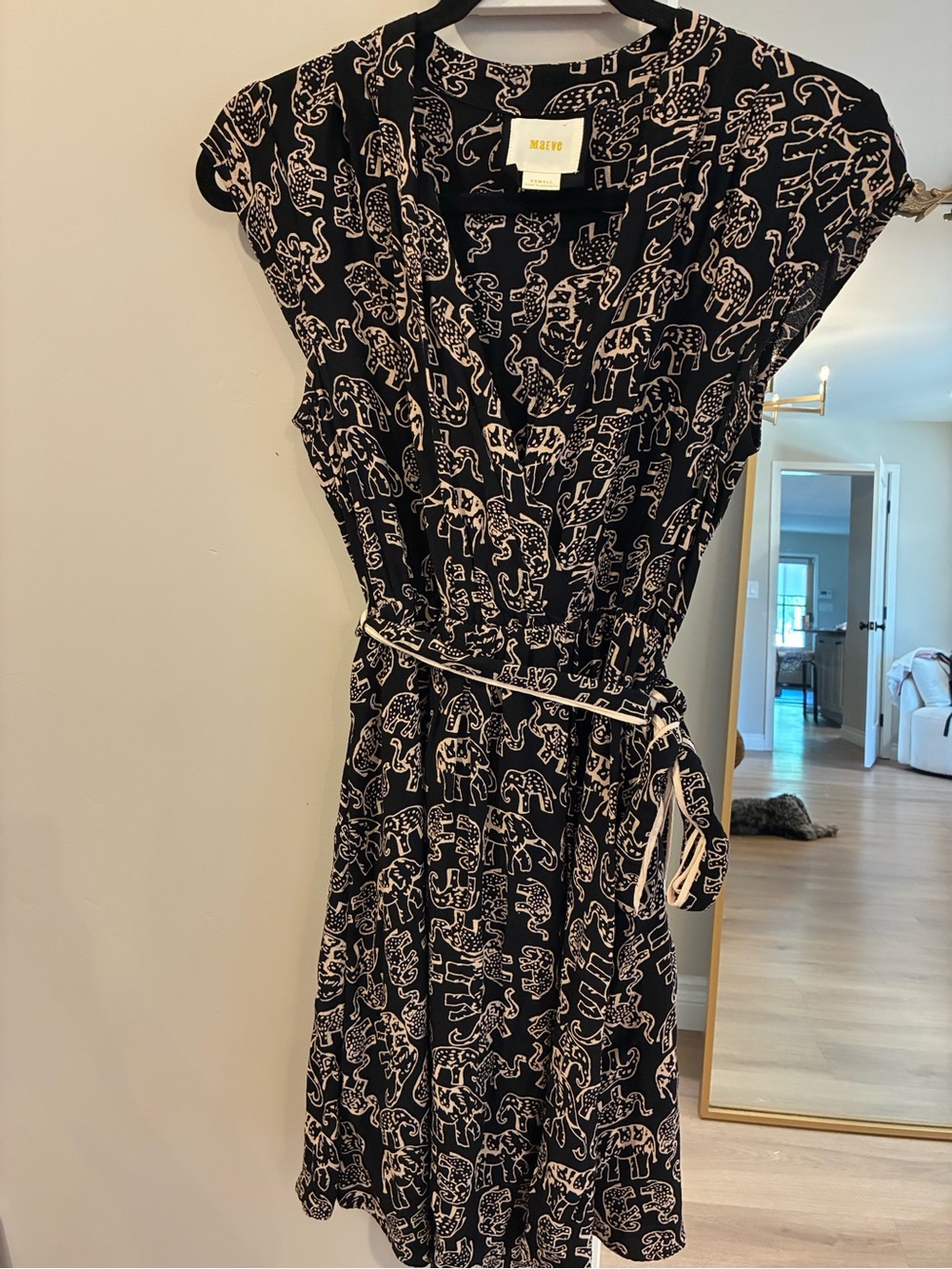 Maeve Anthropologie Black and White Elephant-Print Belted Midi Dress